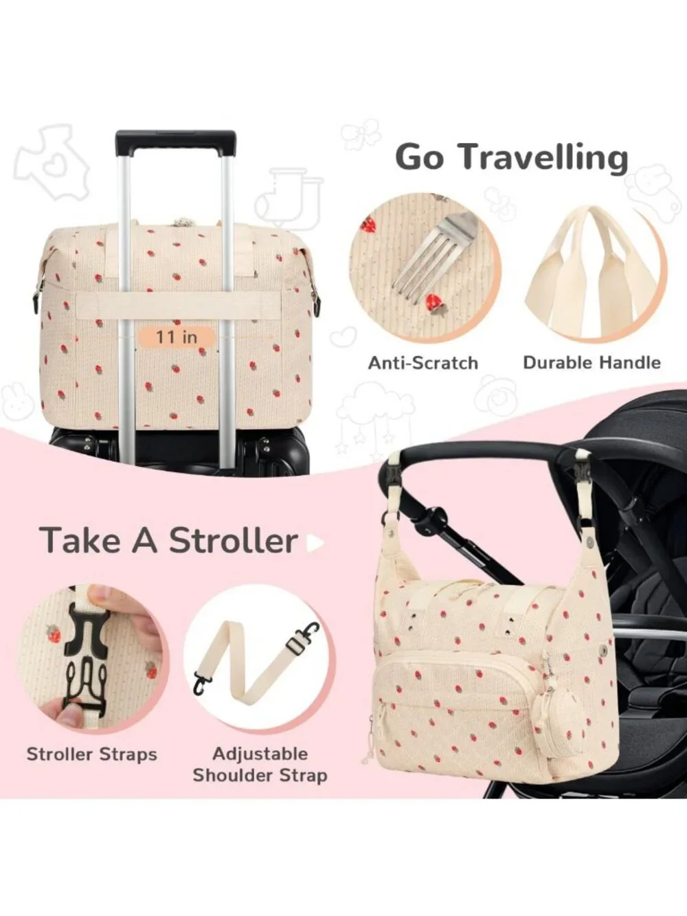 Stylish Beige Strawberry Diaper Bag Tote | Large Capacity, Corduroy